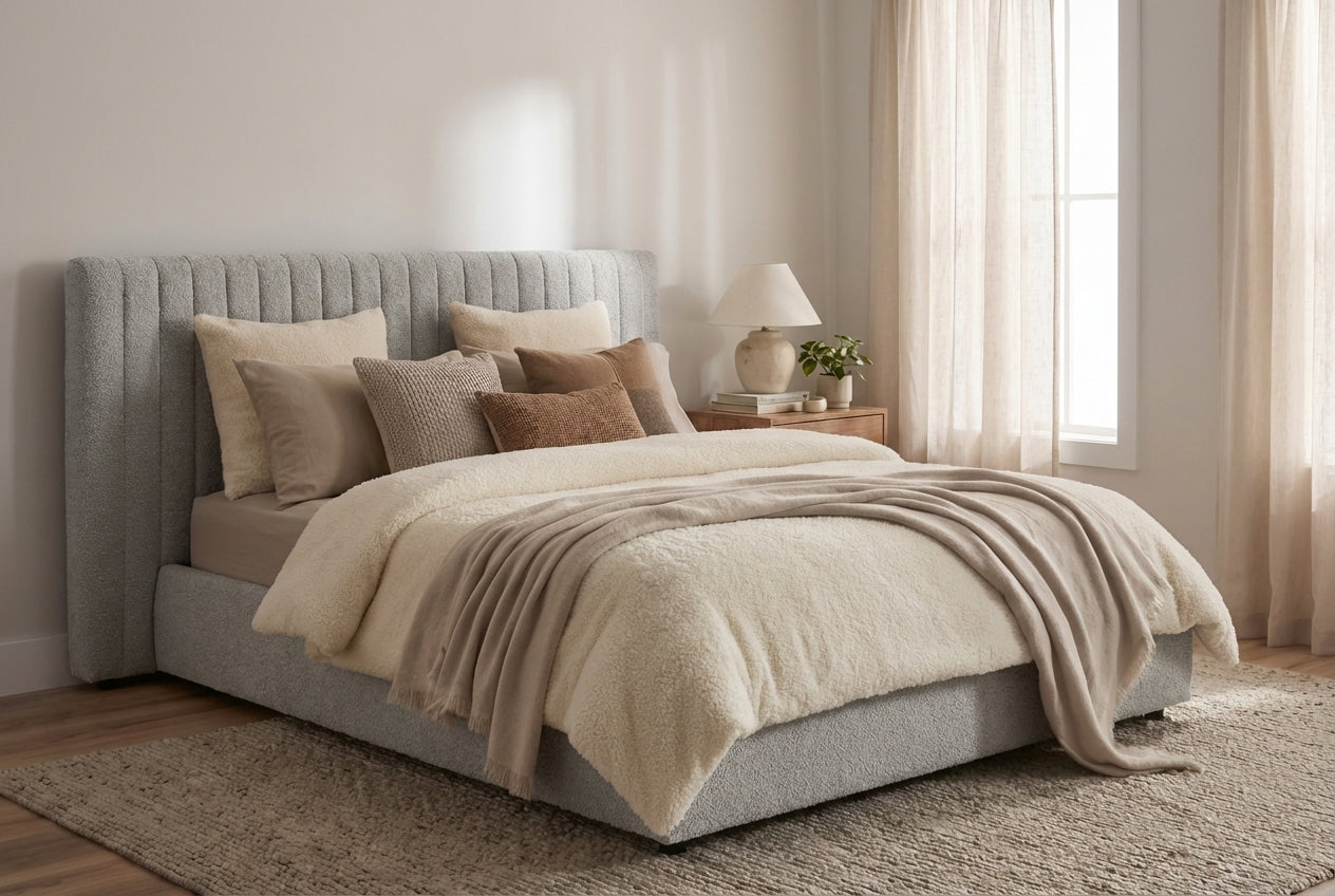 Araco Atelier Haven upholstered bed in Mistral fabric