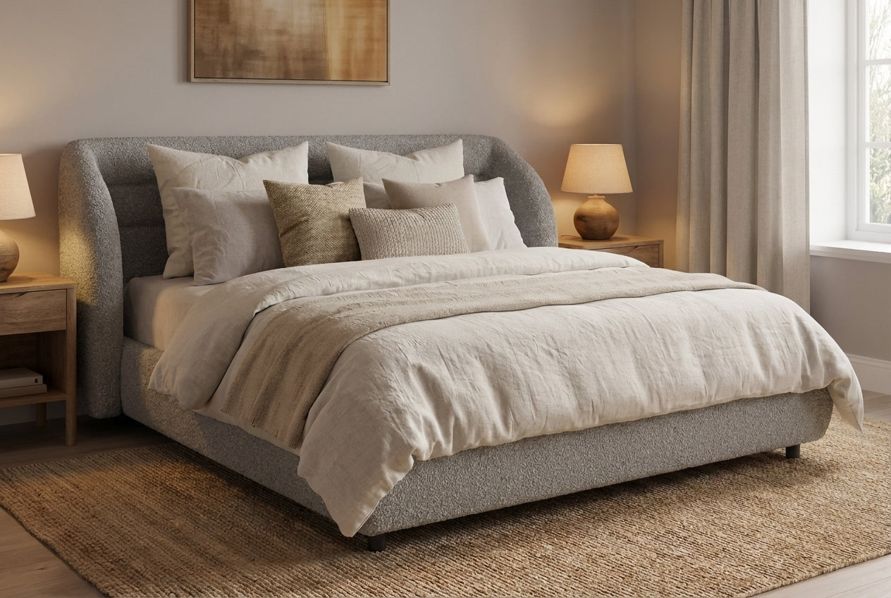 Araco Atelier Drift upholstered bed in Mistral fabric