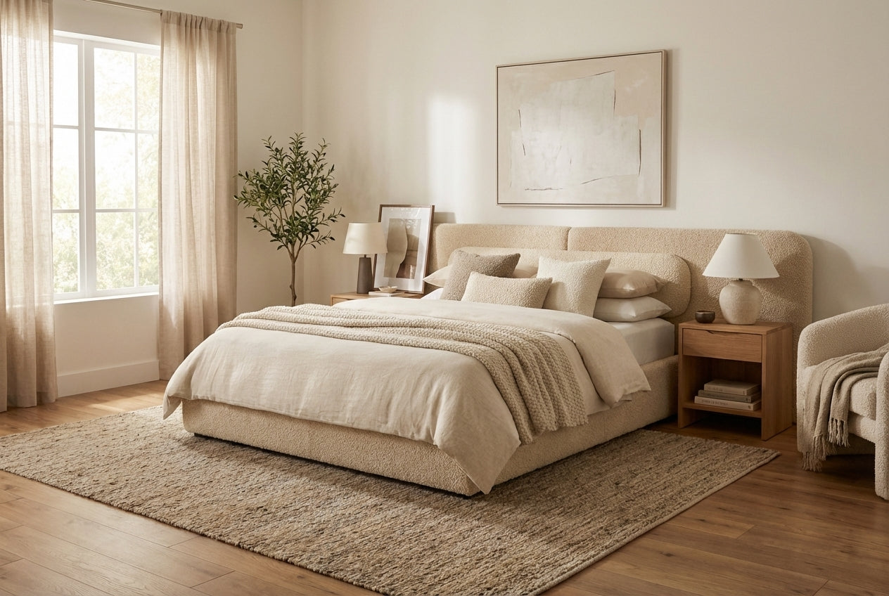 Araco Atelier Nova upholstered bed in Vanilla fabric