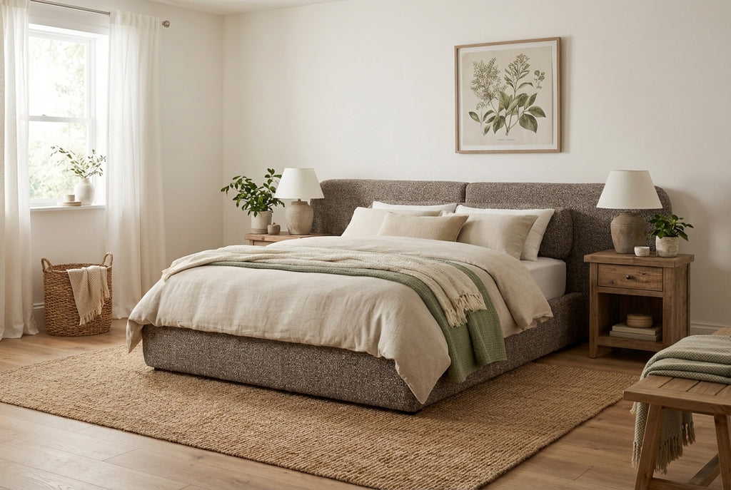 Araco Atelier Nova upholstered bed in Pebbles fabric