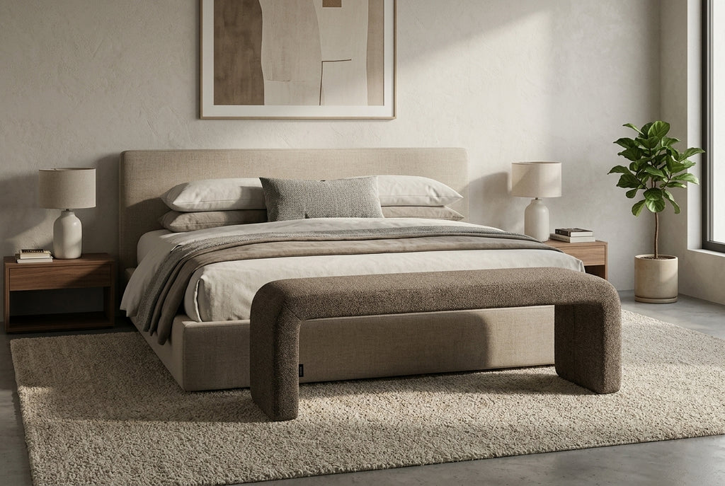 Araco Atelier Mode upholstered bench in Porcini fabric