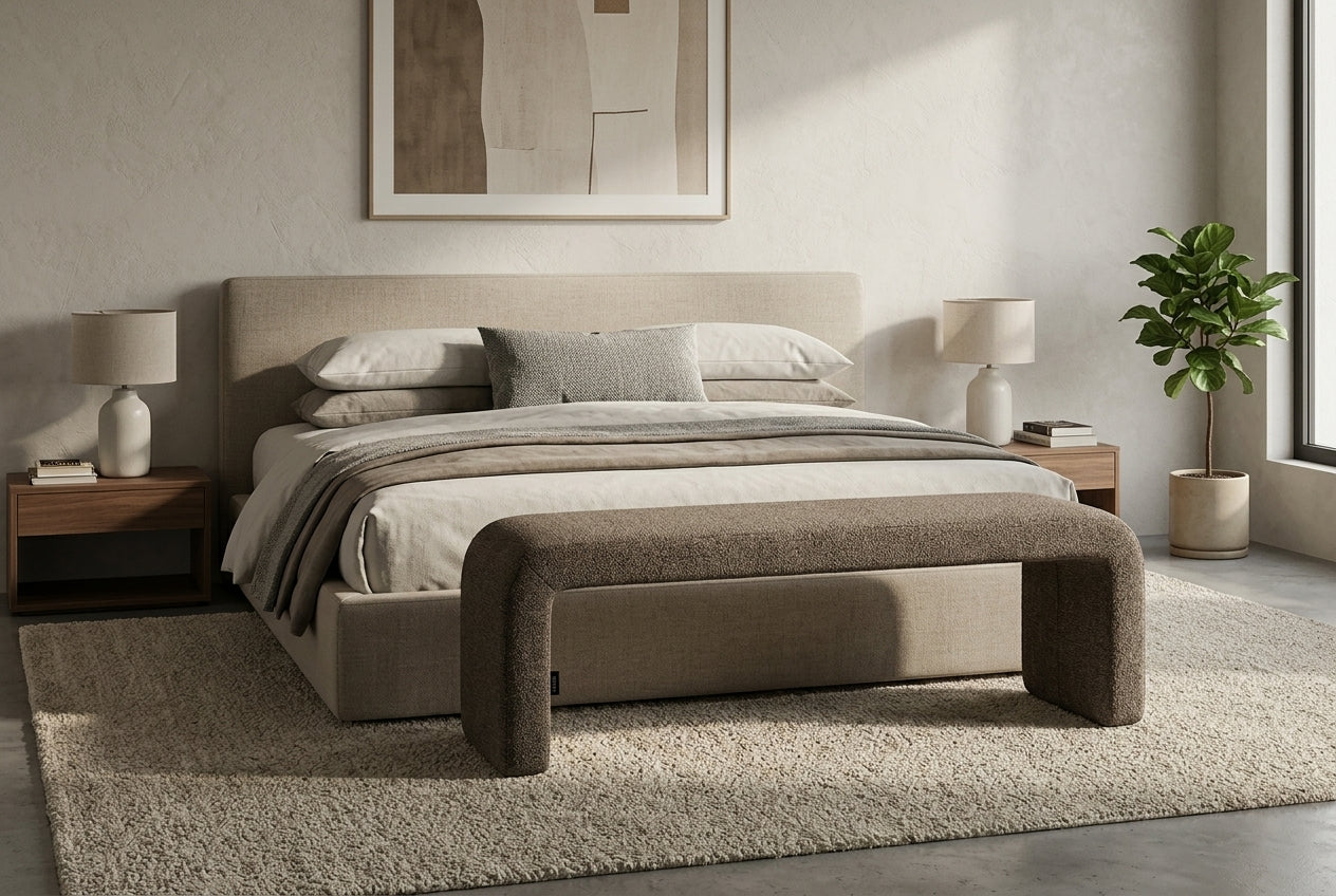 Araco Atelier Mode upholstered bench in Porcini fabric