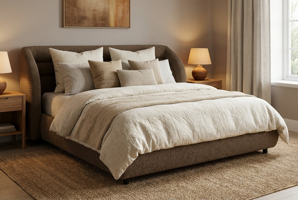 Araco Atelier Drift upholstered bed in Porcini fabric