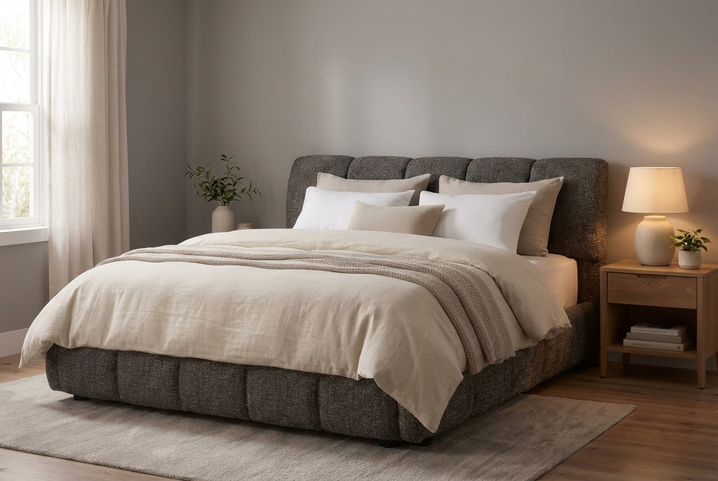 Araco Atelier Nocta upholstered bed in Cinder fabric