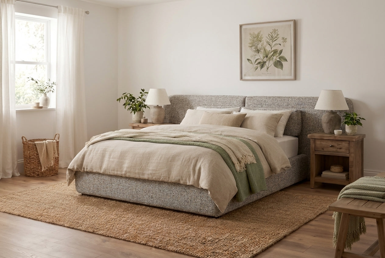 Araco Atelier Nova upholstered bed in Speckle fabric