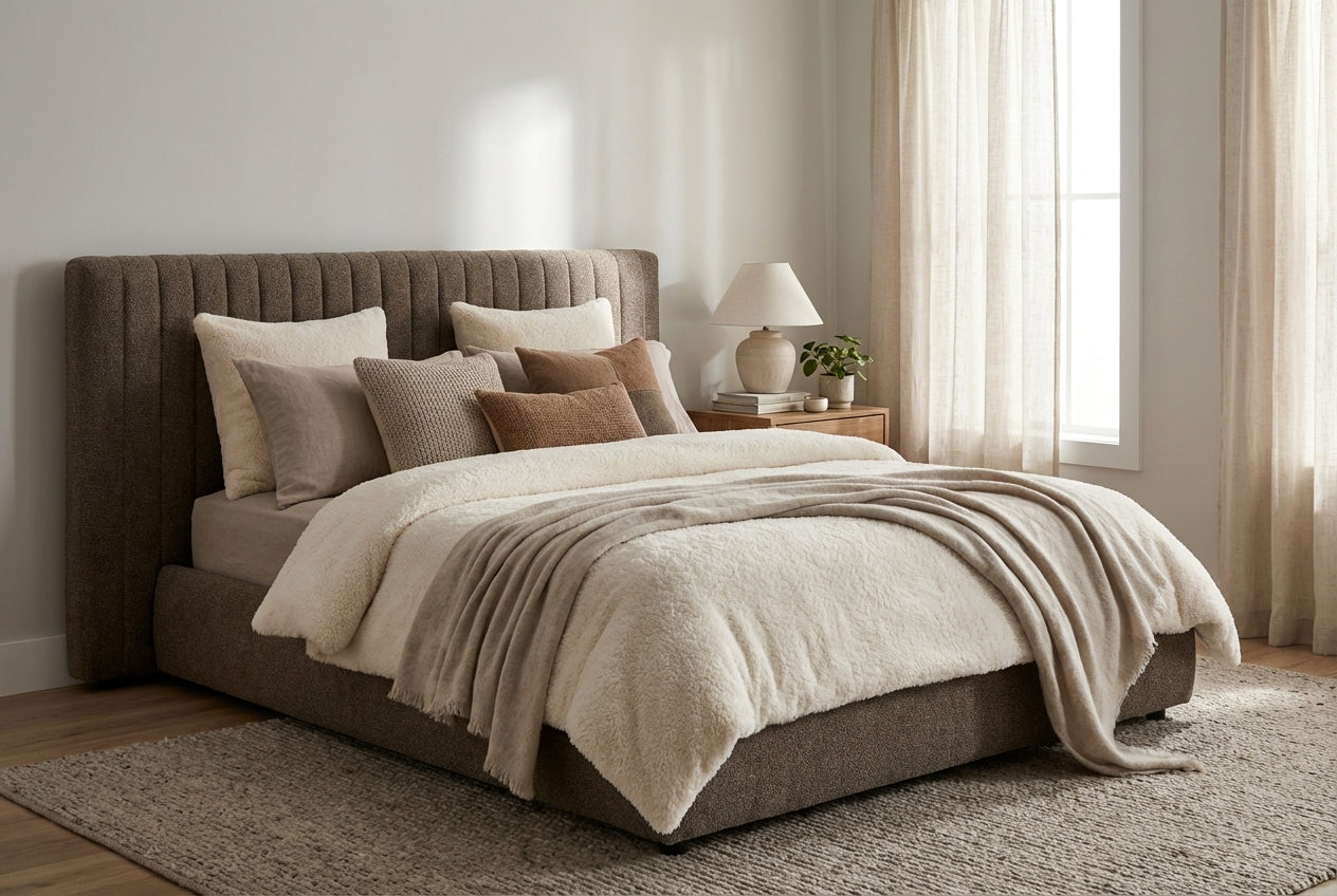 Araco Atelier Haven upholstered bed in Porcini fabric