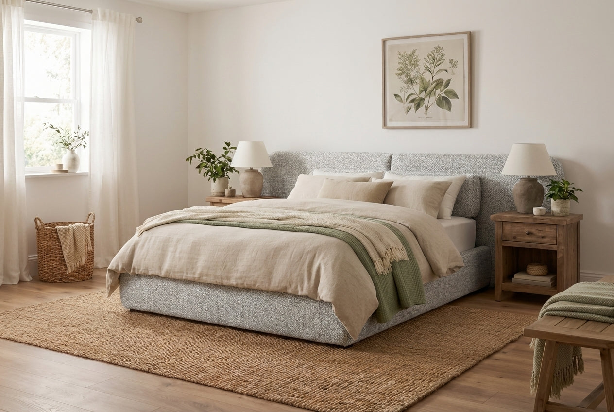 Araco Atelier Nova upholstered bed in Ashlar fabric