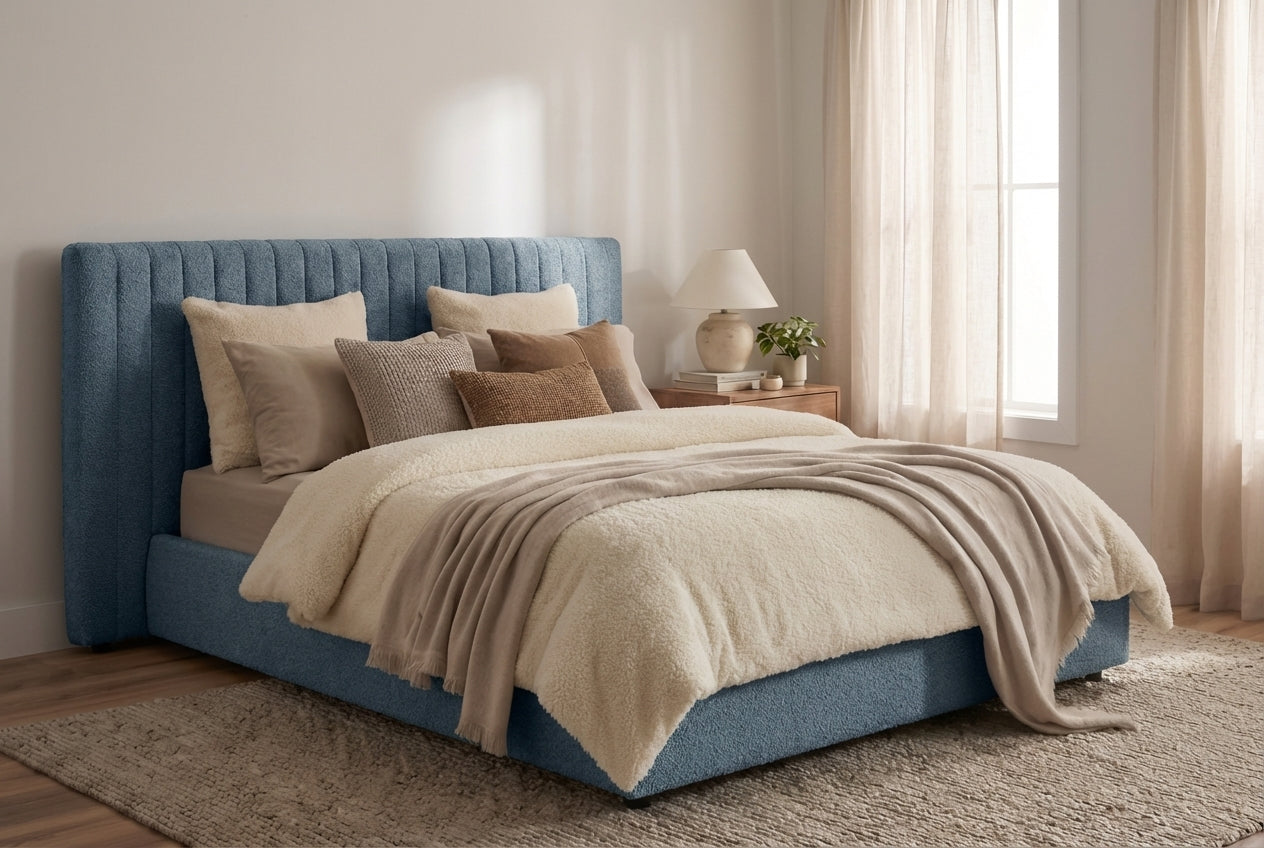 Araco Atelier Haven upholstered bed in Spindle fabric