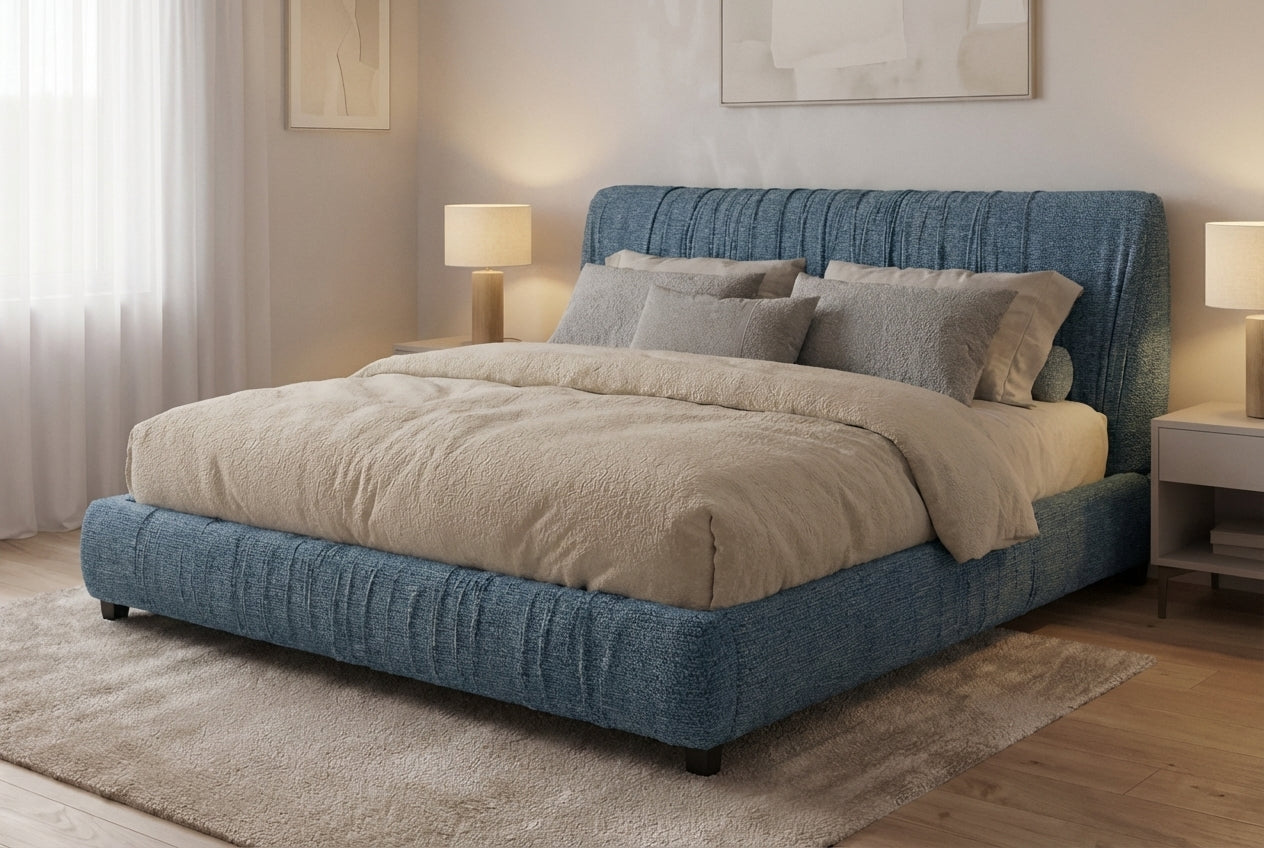 Araco Atelier Axis upholstered bed in Spindle fabric