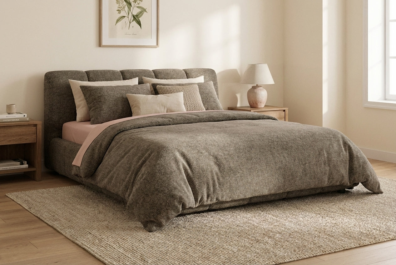 Araco Atelier Nocta upholstered bed in Porcini fabric