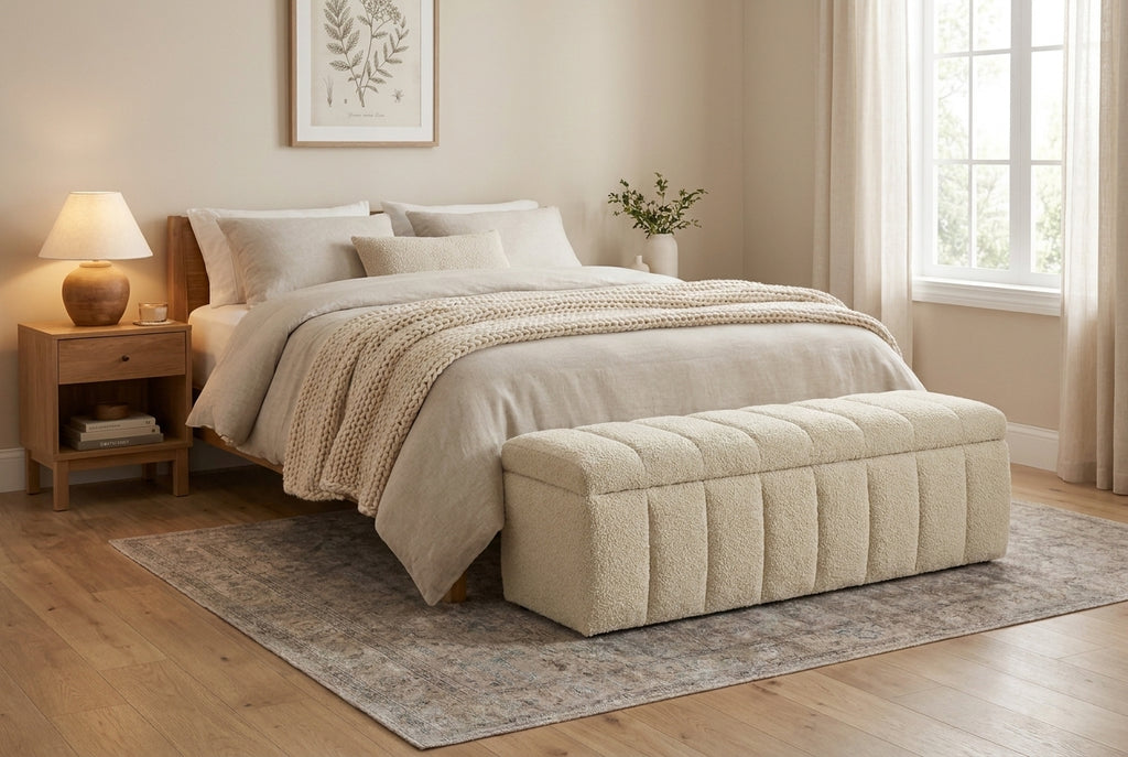Araco Atelier Velour upholstered bench in Vanilla fabric