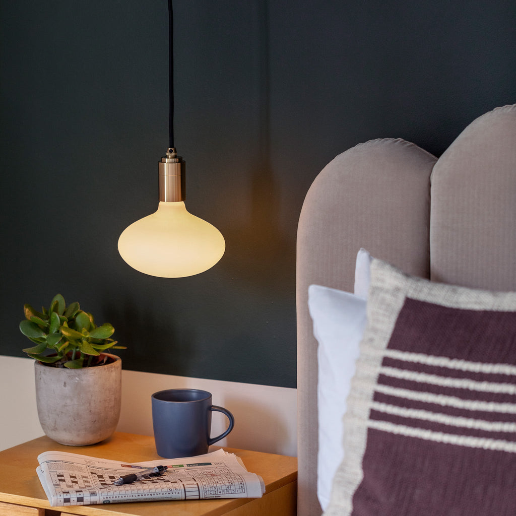 Tala Oval Plug-In Pendant in Brass in a styled interior setting (view 2)