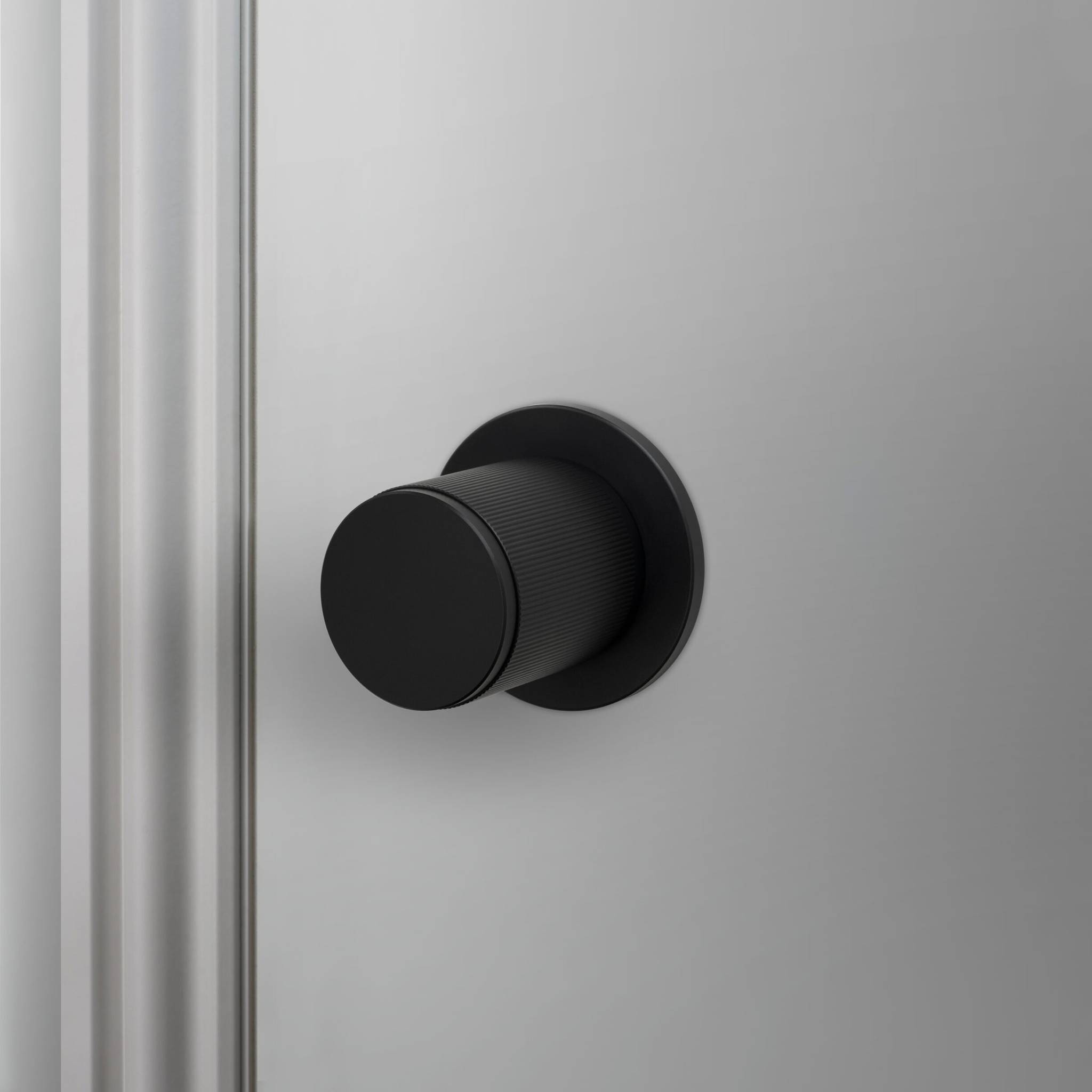 Buster + Punch Door Knob Set Linear Knurl Welders Black by Araco Interiors