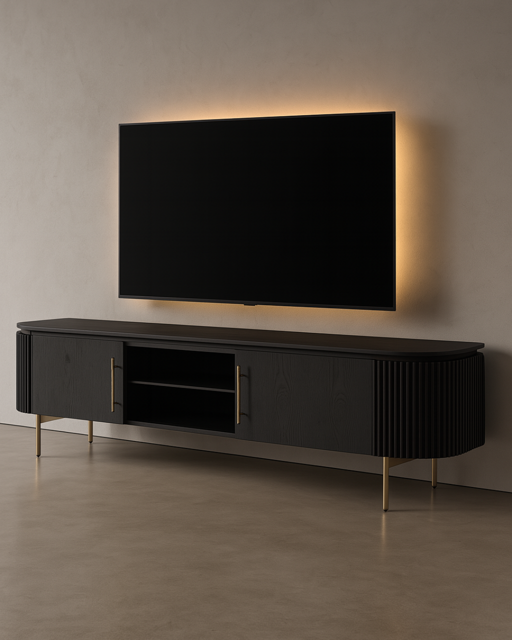 Tommy Franks Lantine TV unit in black oak and brass