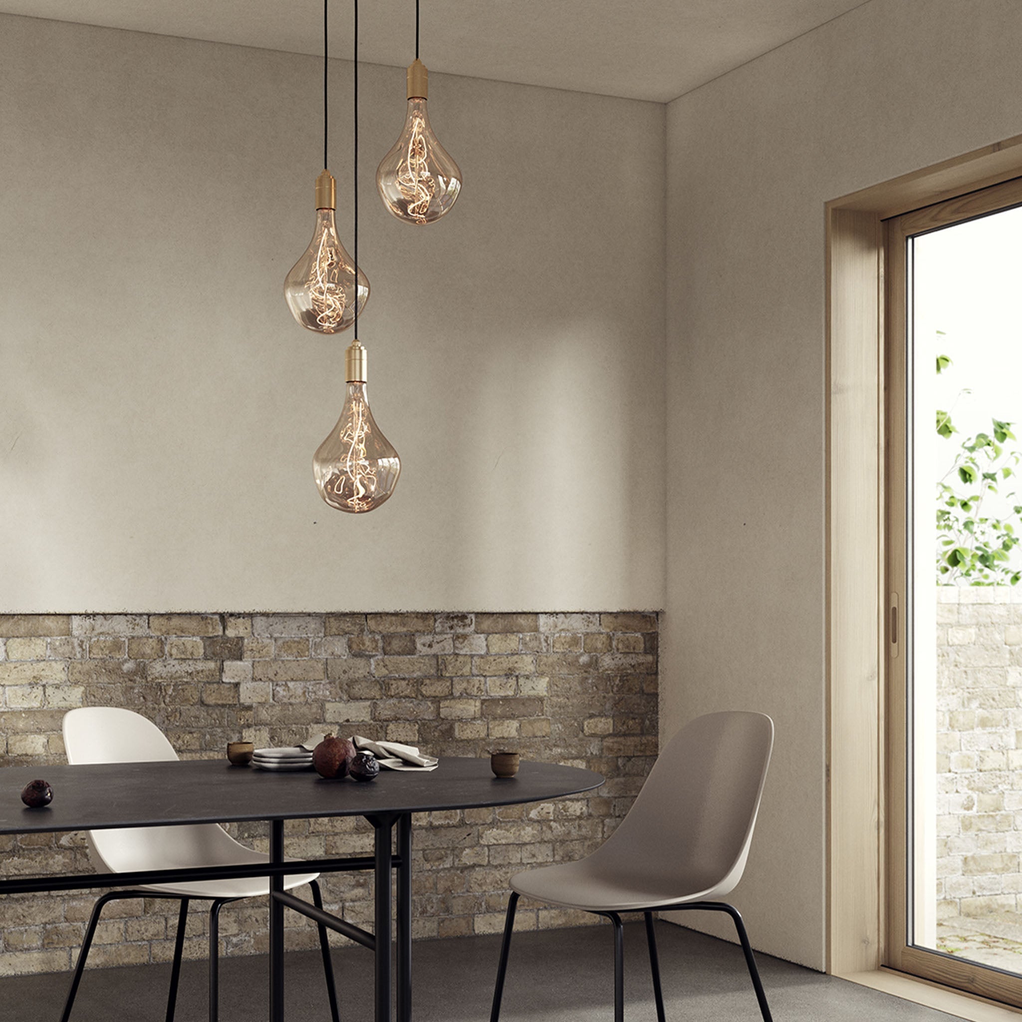 Tala Triple Pendant in Oak + Voronoi II in a styled interior setting